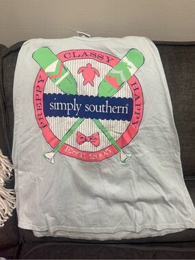 Simply Southern Paddle Graphic Tee - Light Blue with Pink & Green EUC large